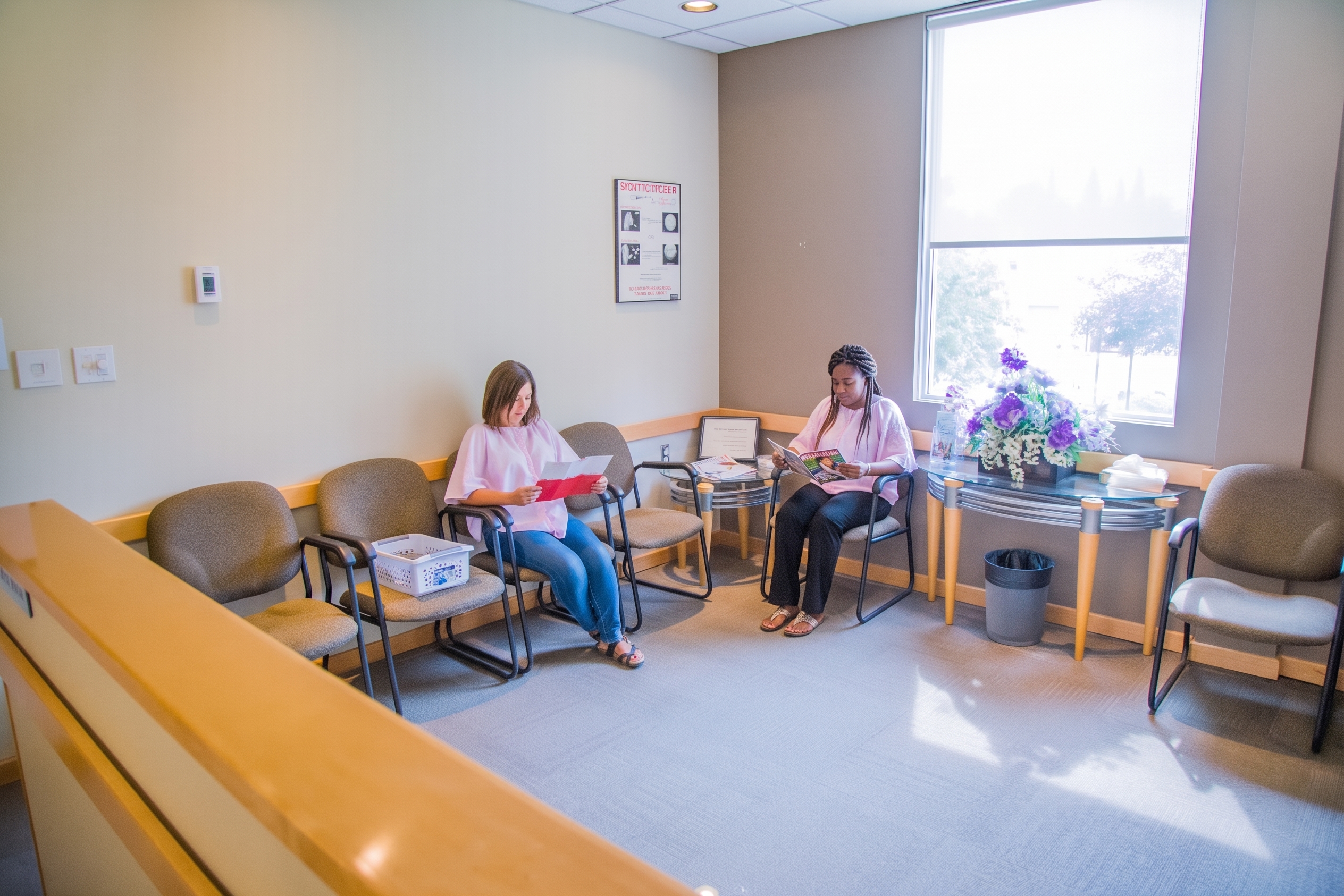 Patients sitting in a brightly lit medical clinic waiting area.