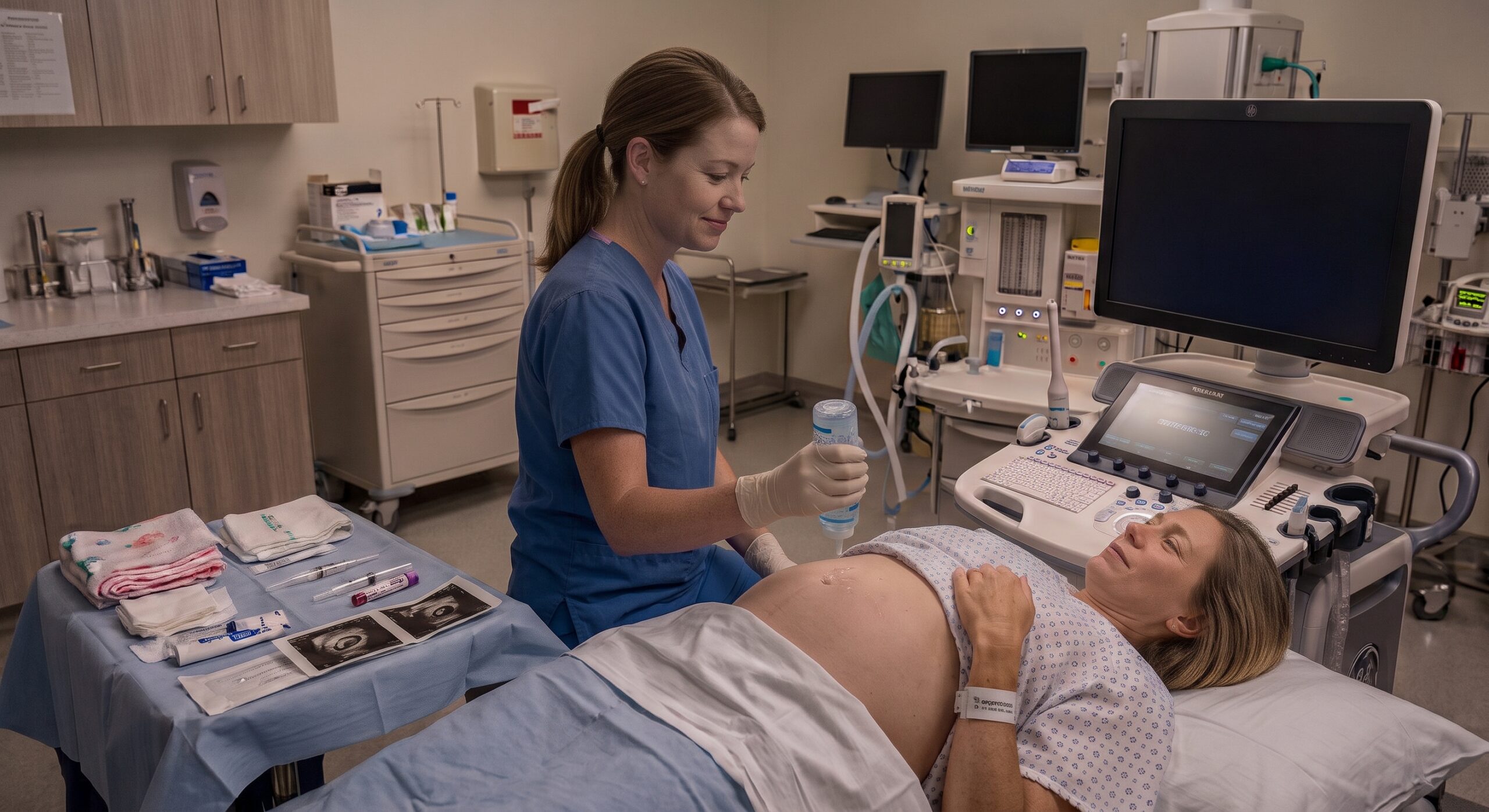 A female clinician sitting beside a patient during an ultrasound consultation.