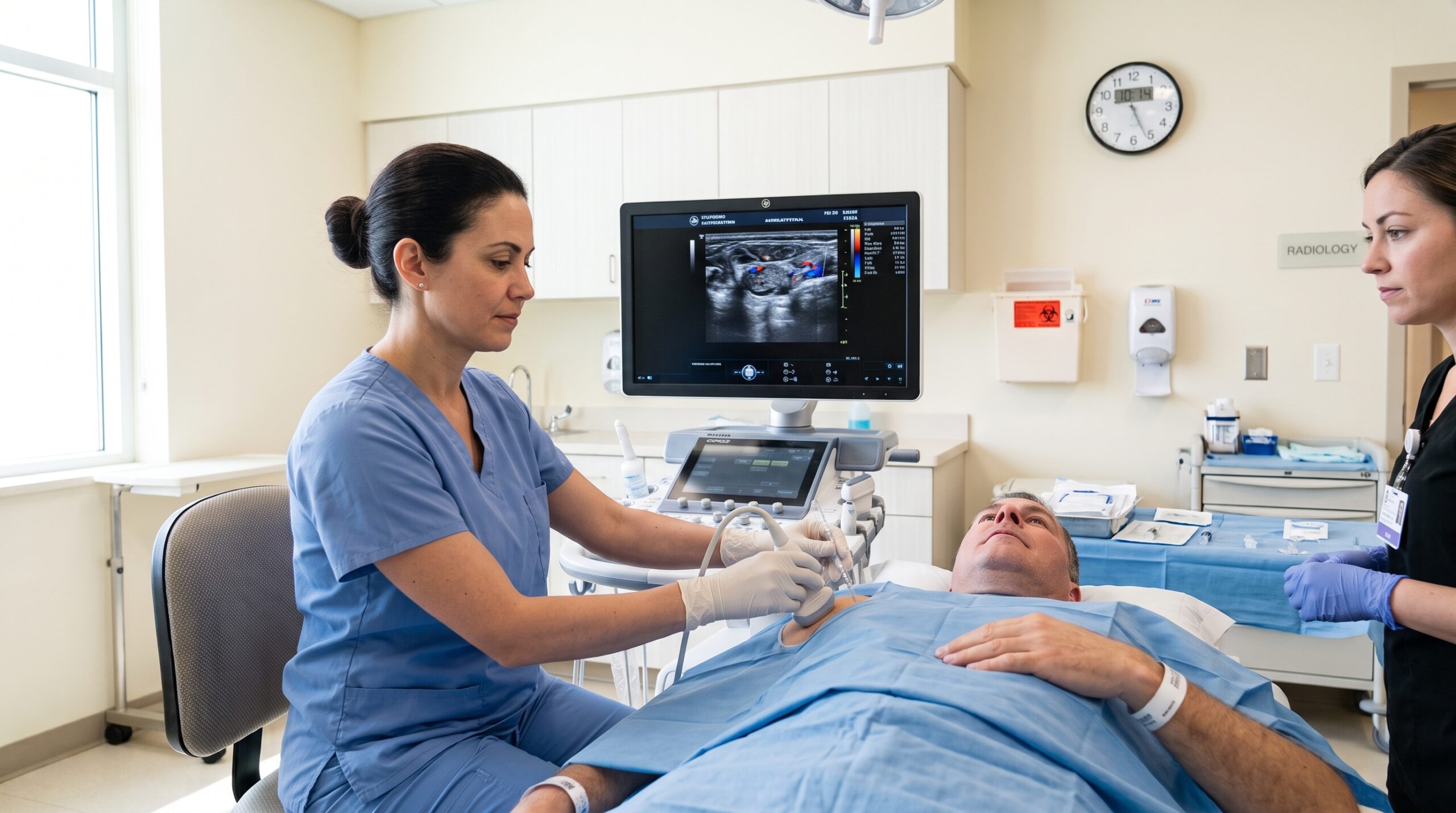 A female medical specialist seated at an ultrasound machine, performing a scan on a patient lying down.