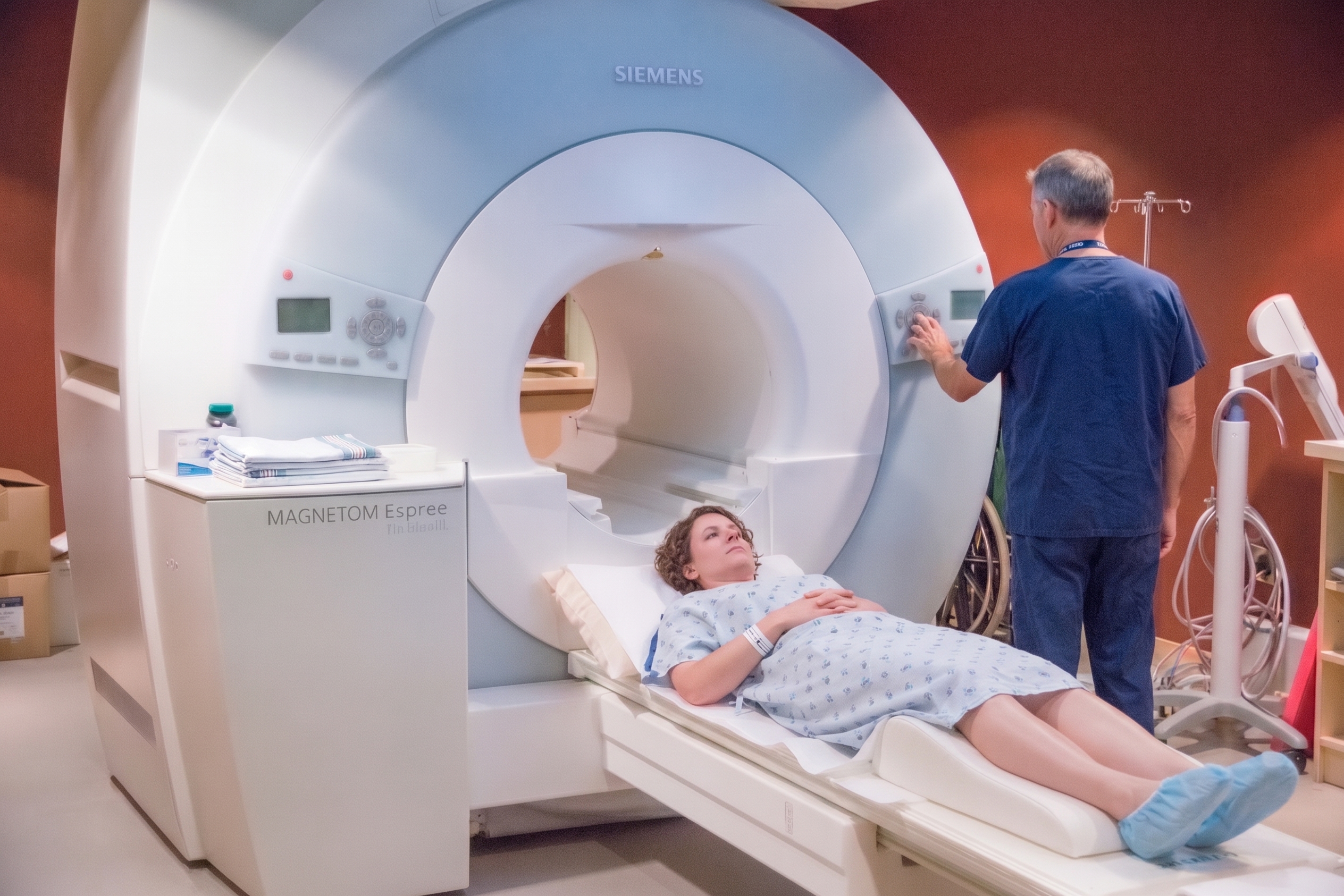 A patient preparing to slide into a large white CT scanner machine guided by a staff member.
