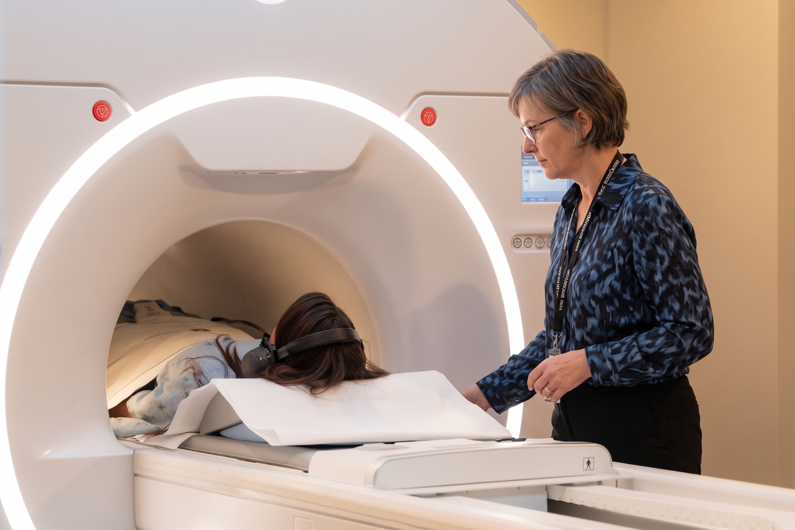 A medical professional standing next to a patient lying on a padded table inside an MRI machine scanner room.
