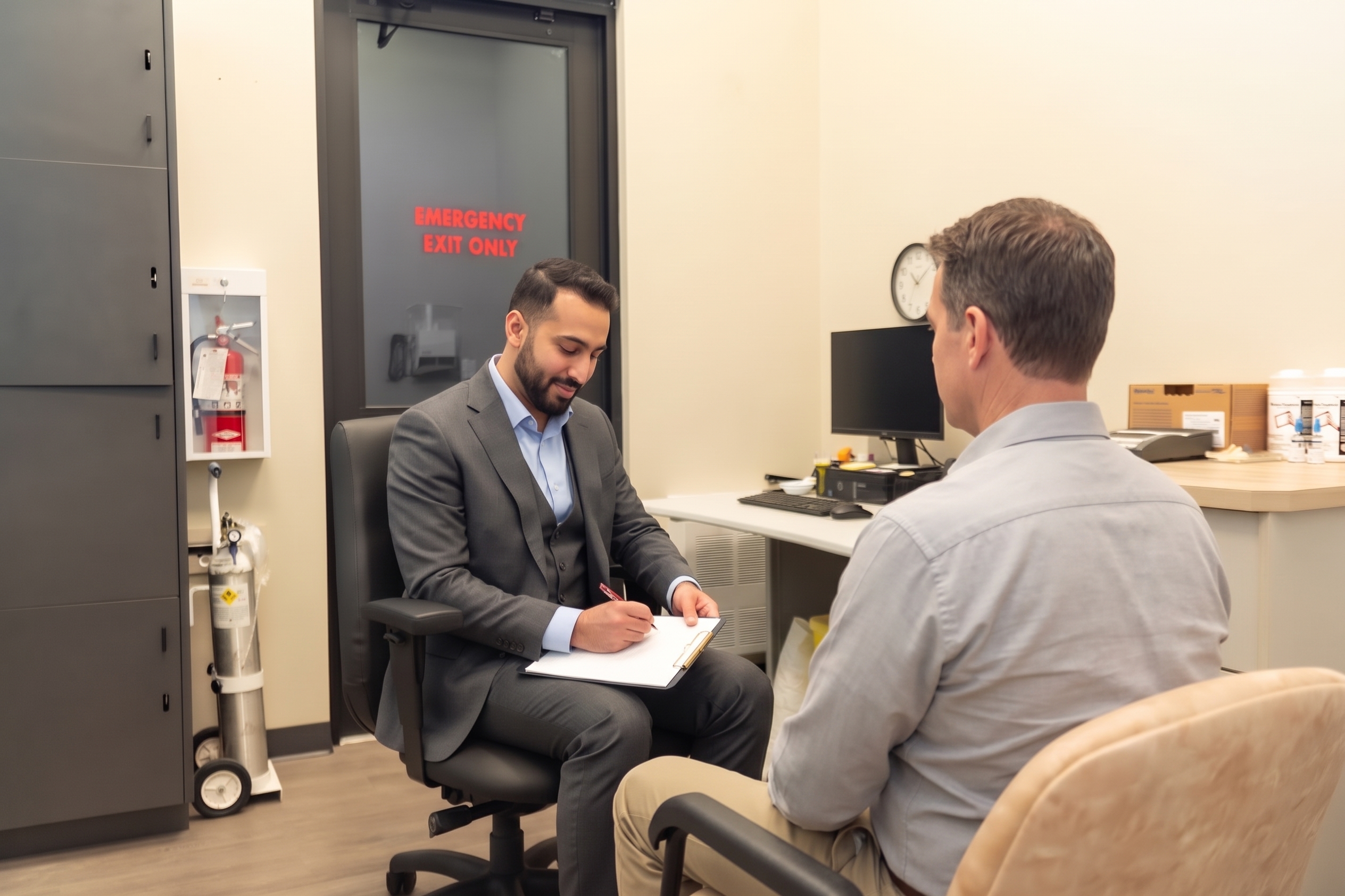 A doctor in a suit talking with a patient at a desk office setting.